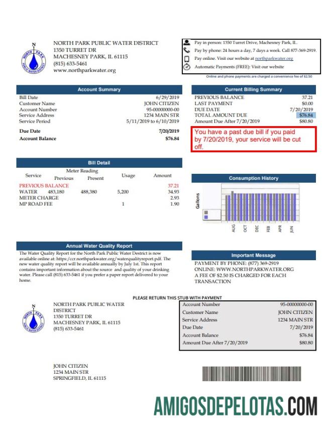 imprimível Modelo de conta de serviços públicos do Distrito de Água Pública de IL dos EUA Illinois North Park em formato Word e PDF